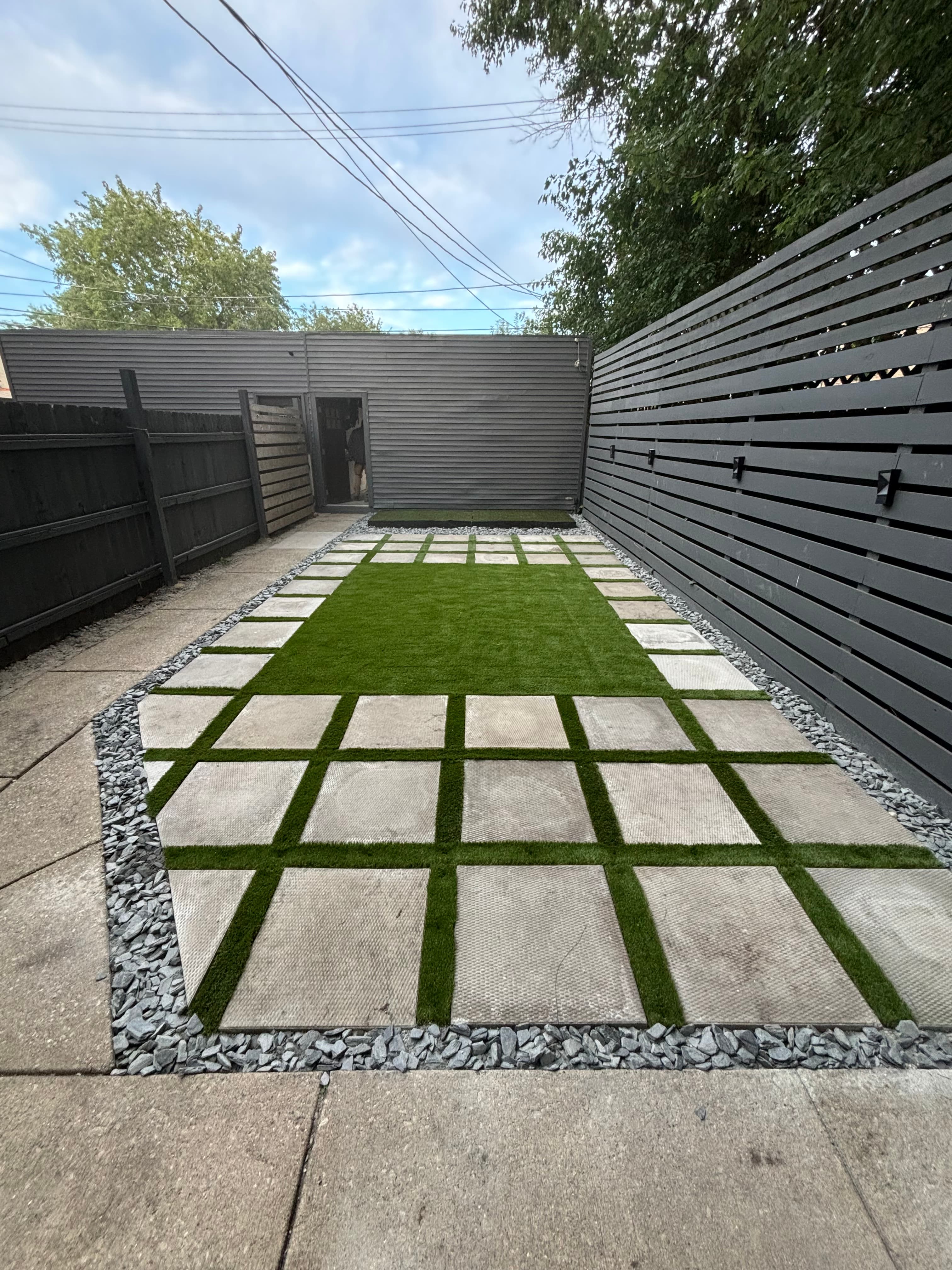 Modern artificial turf with concrete pavers